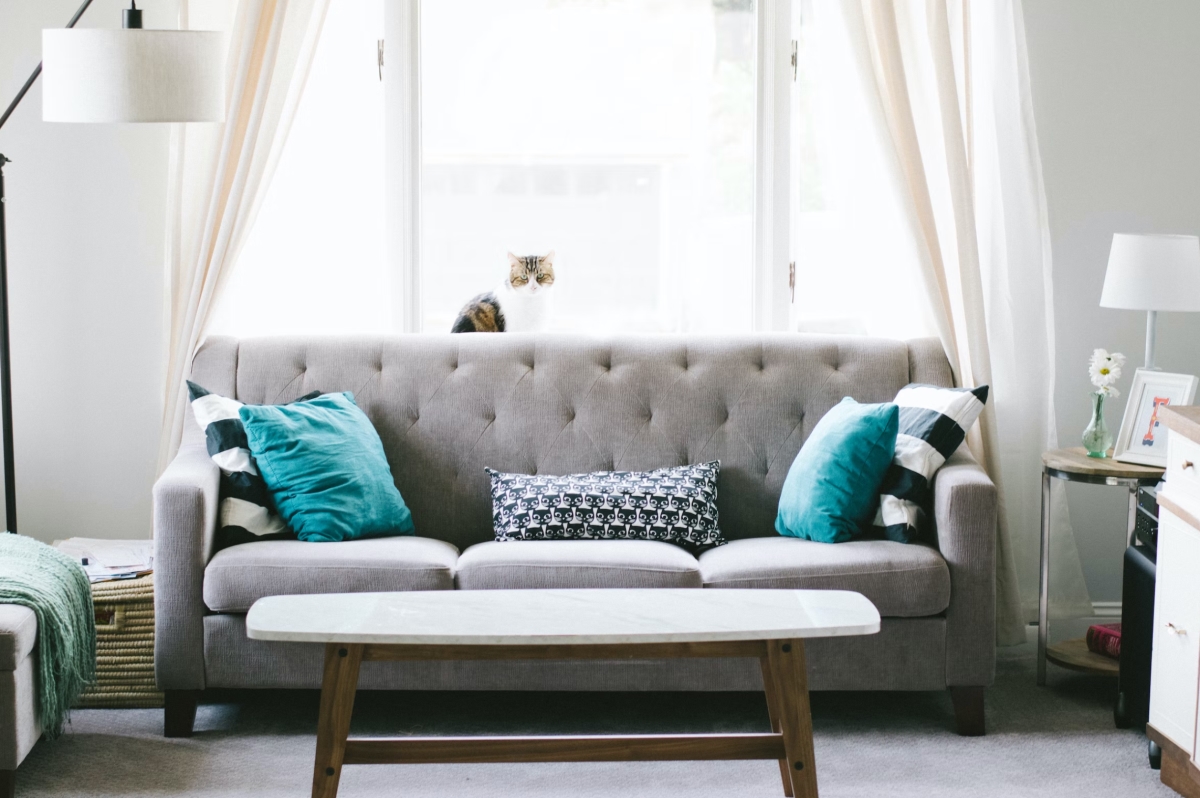 A gray and white living room with blue throw pillows on the couch